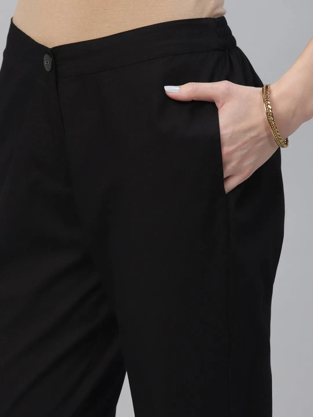 Black Solid Cotton Trousers - Libas 