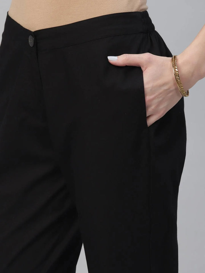 Black Solid Cotton Trousers - Libas