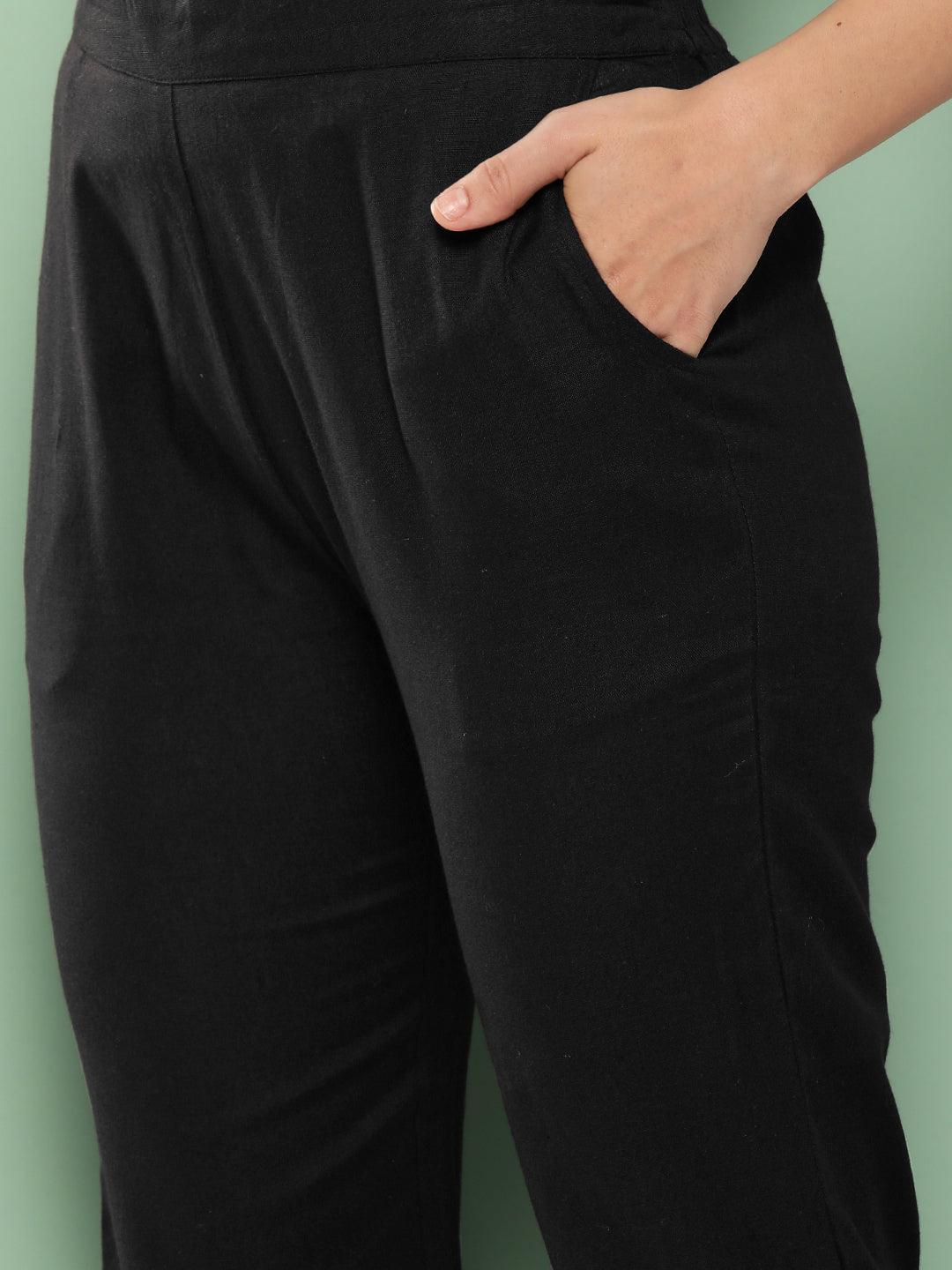 Black Solid Cotton Trousers - Libas 