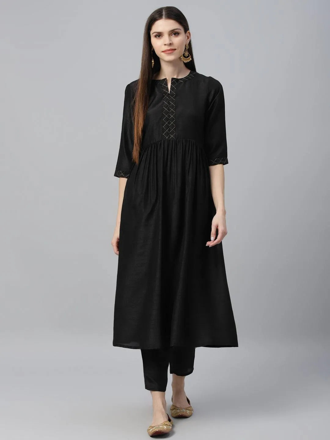 Black Solid Polyester Kurta Set - Libas