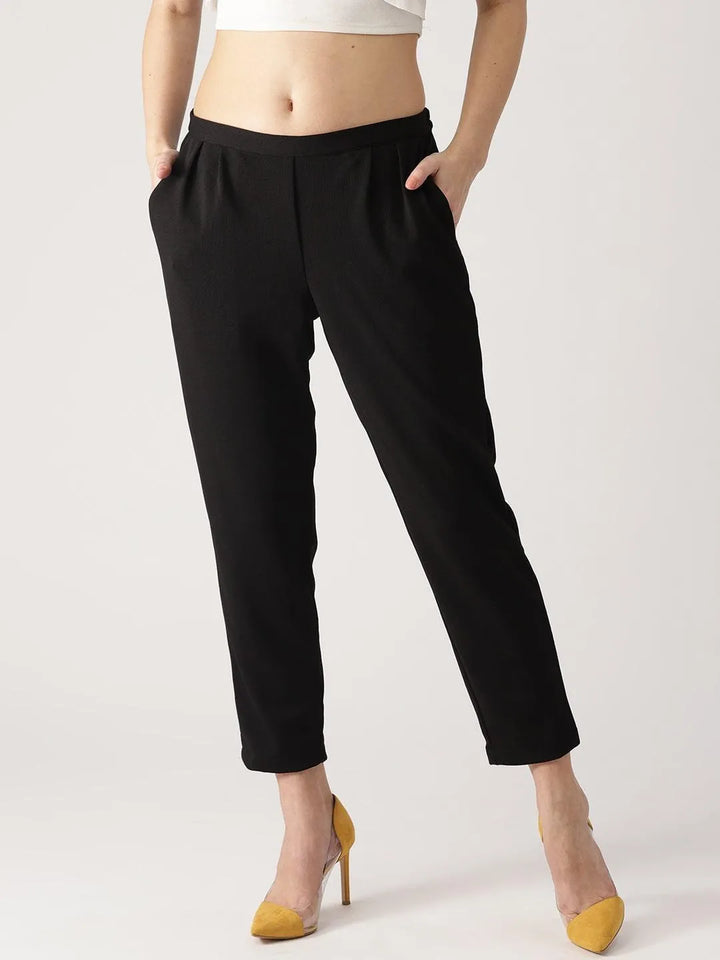 Black Solid Polyester Trousers - Libas