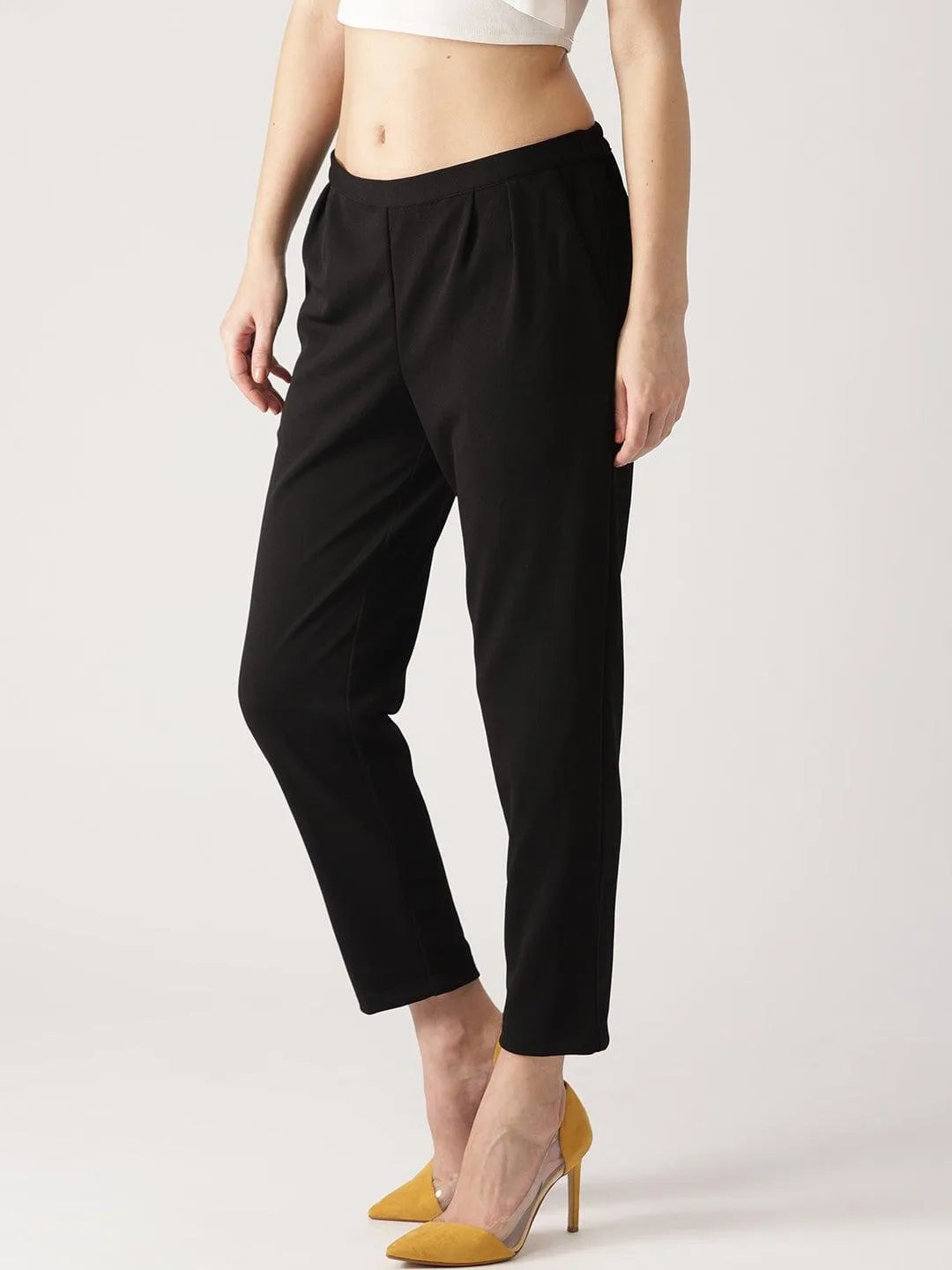 Black Solid Polyester Trousers - Libas 