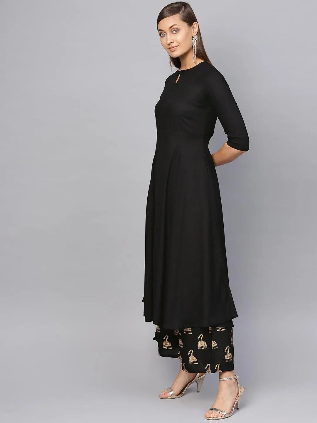 Black Solid Rayon Suit Set - Libas