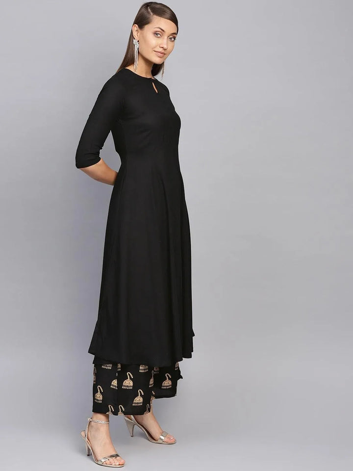 Black Solid Rayon Suit Set - Libas