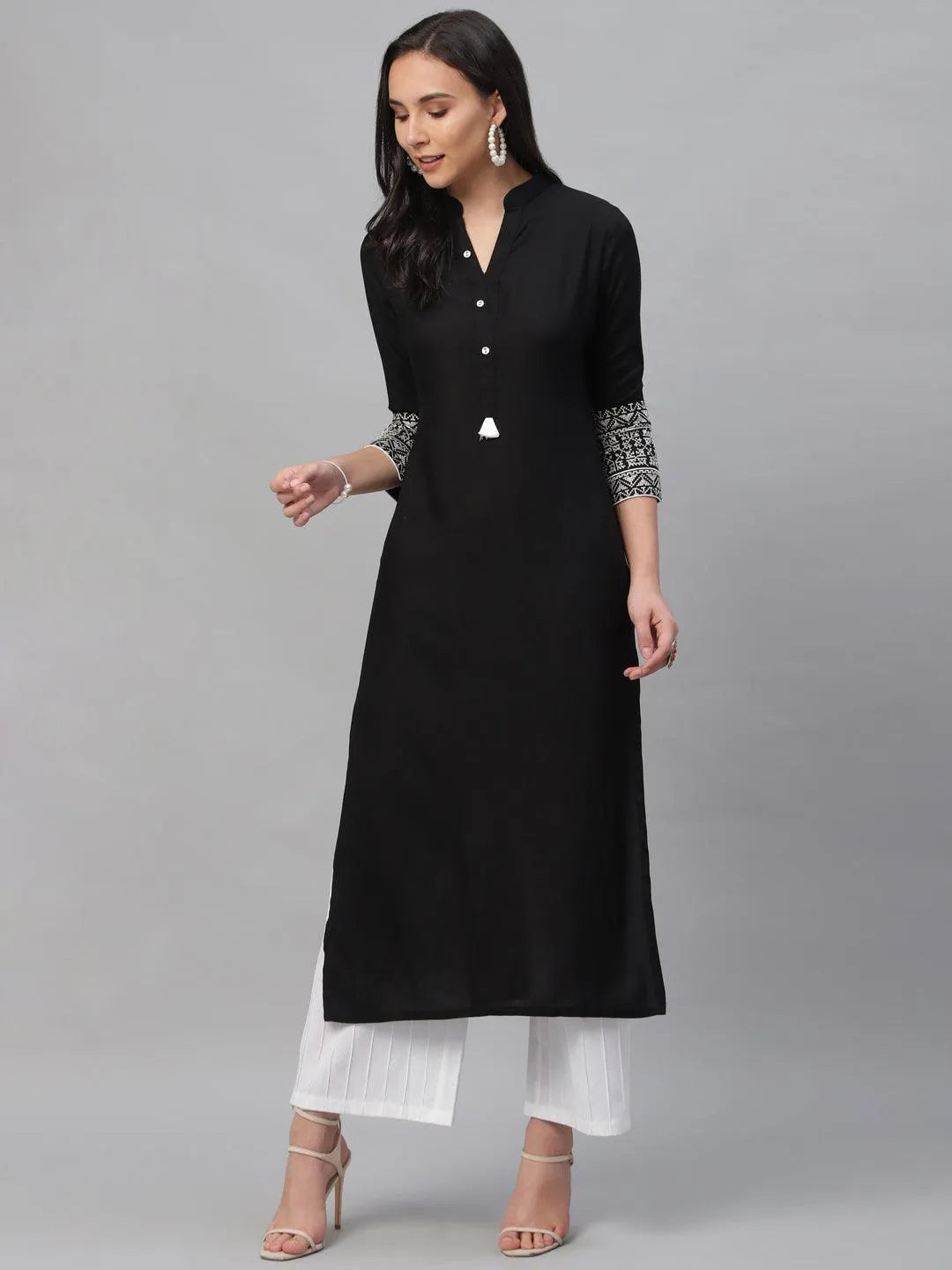 Black Solid Rayon Kurta - Libas