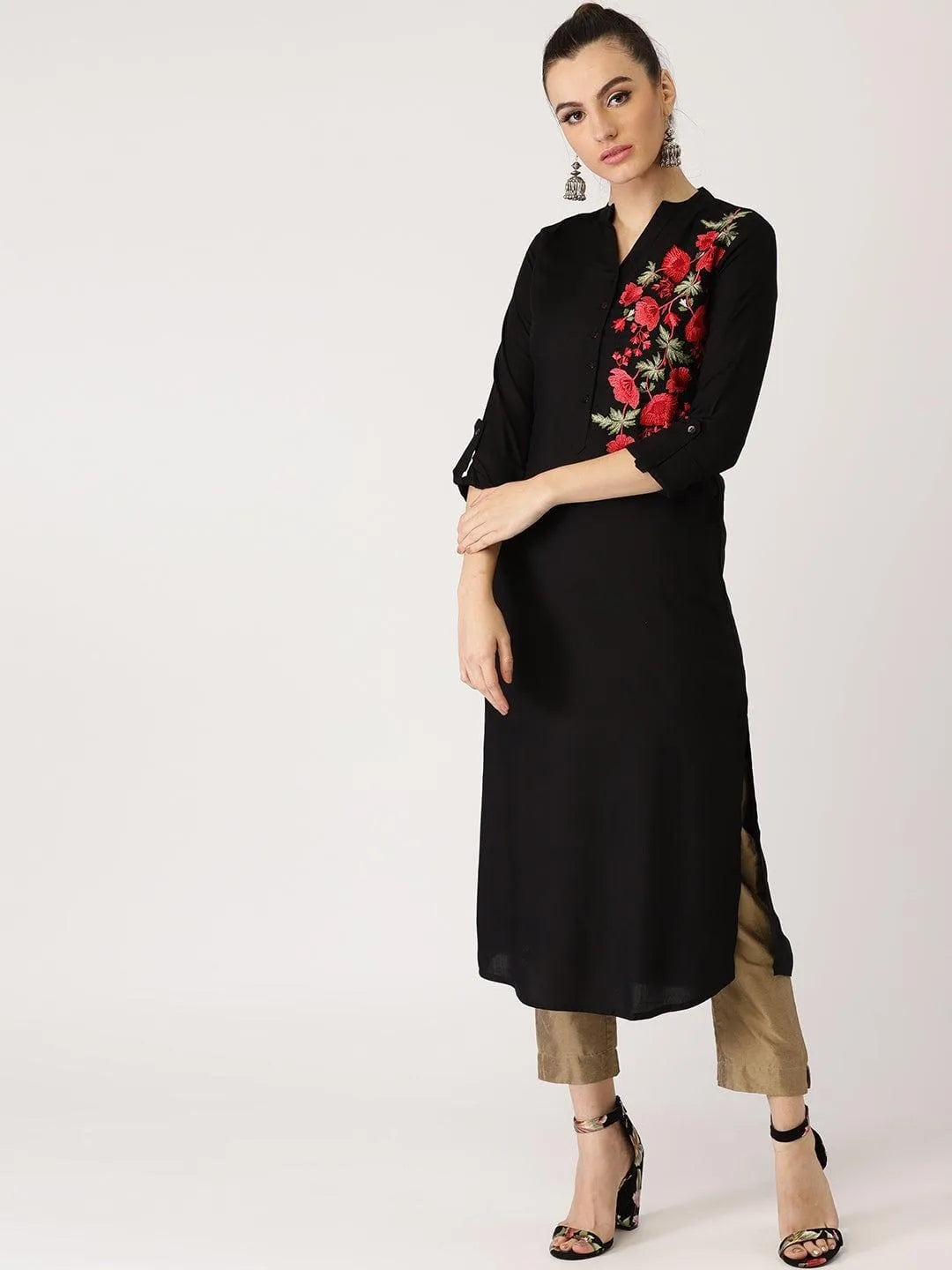 Black Solid Rayon Kurta - Libas