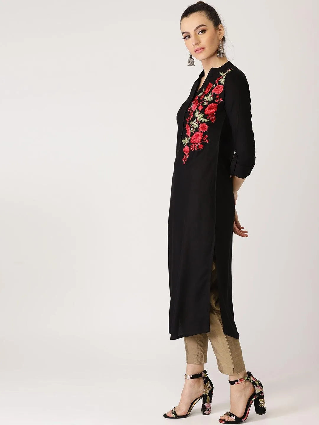 Black Solid Rayon Kurta - Libas