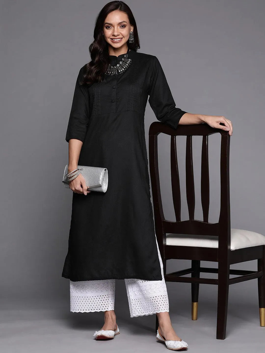 Black Solid Rayon Kurta - Libas 