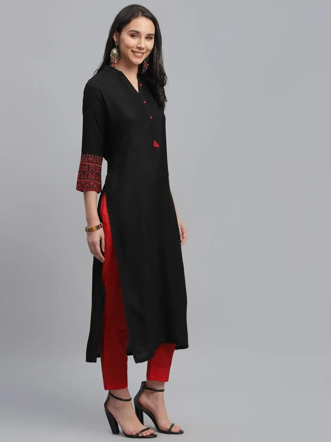 Black Solid Rayon Kurta - Libas