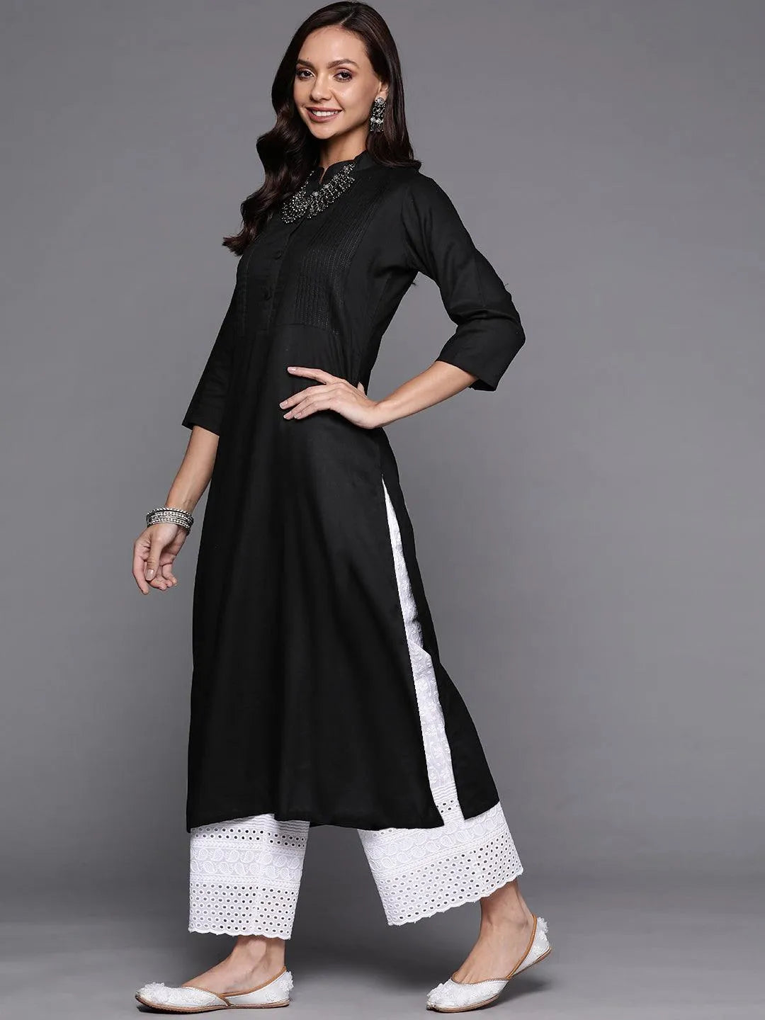 Black Solid Rayon Kurta - Libas 