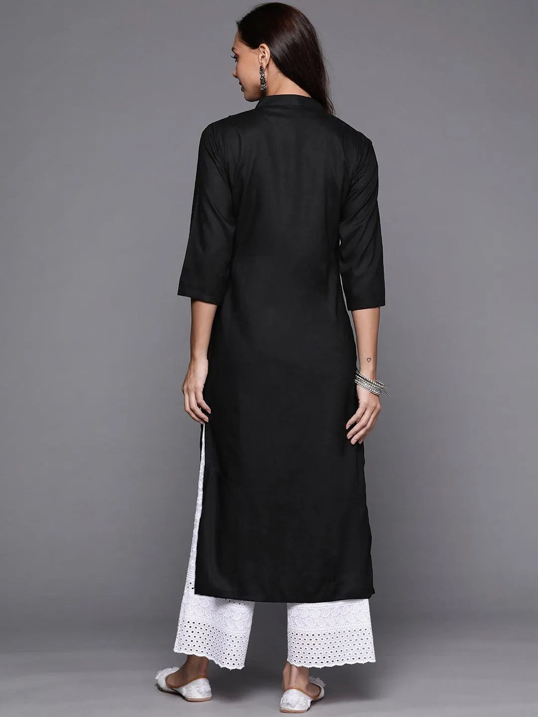 Black Solid Rayon Kurta - Libas 