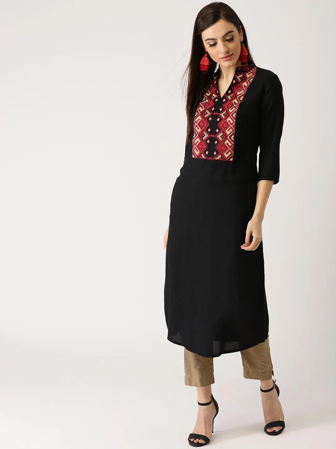 Black Solid Rayon Kurti - Libas