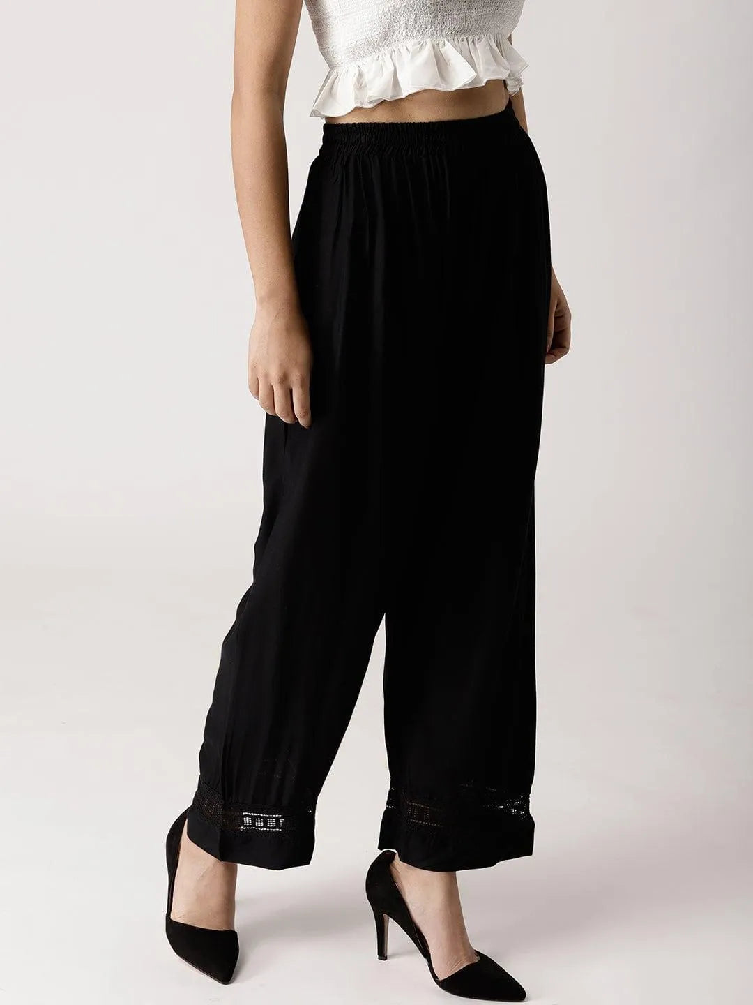 Black Solid Rayon Palazzos - Libas