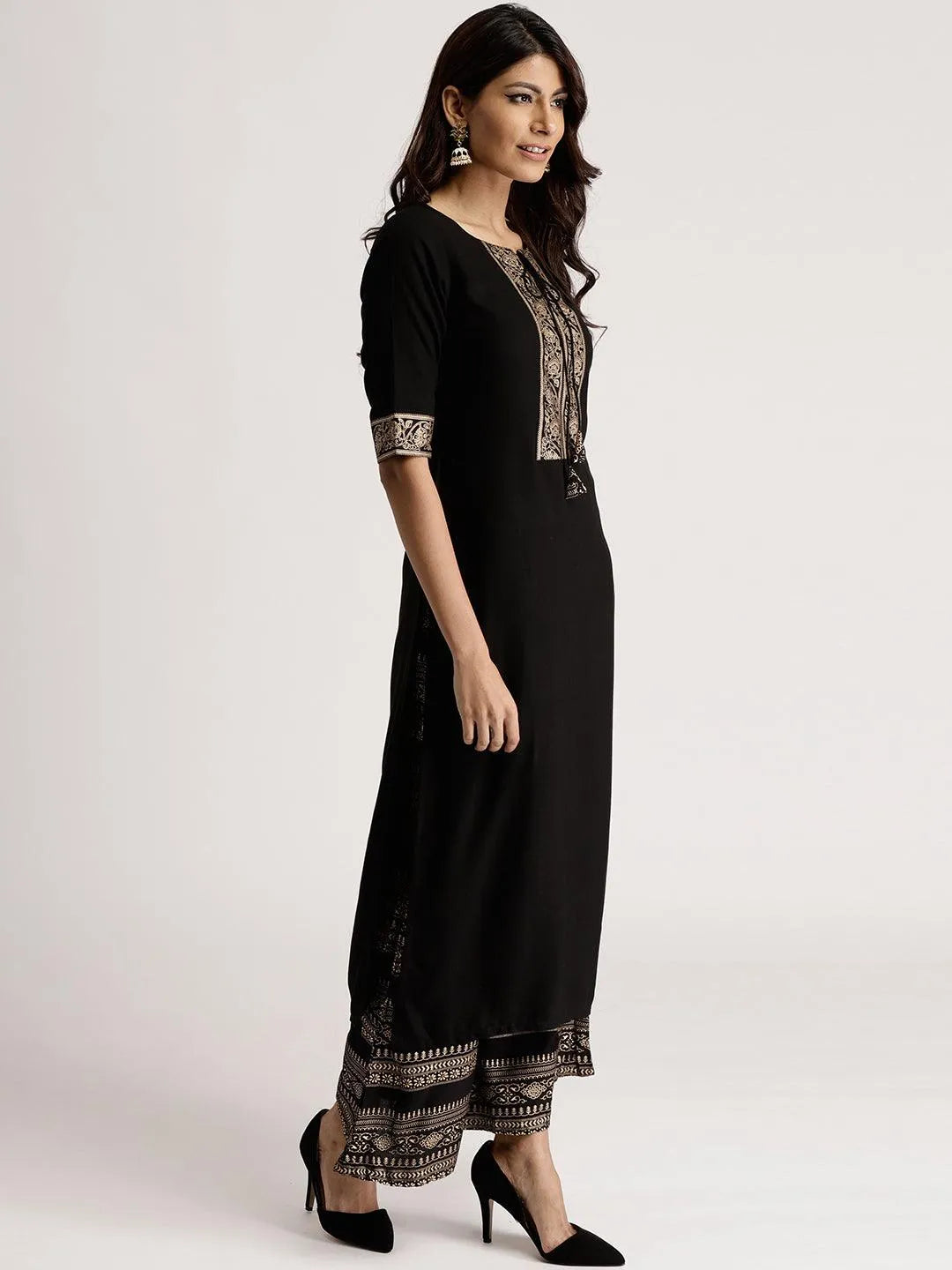 Black Solid Rayon Kurta Set - Libas