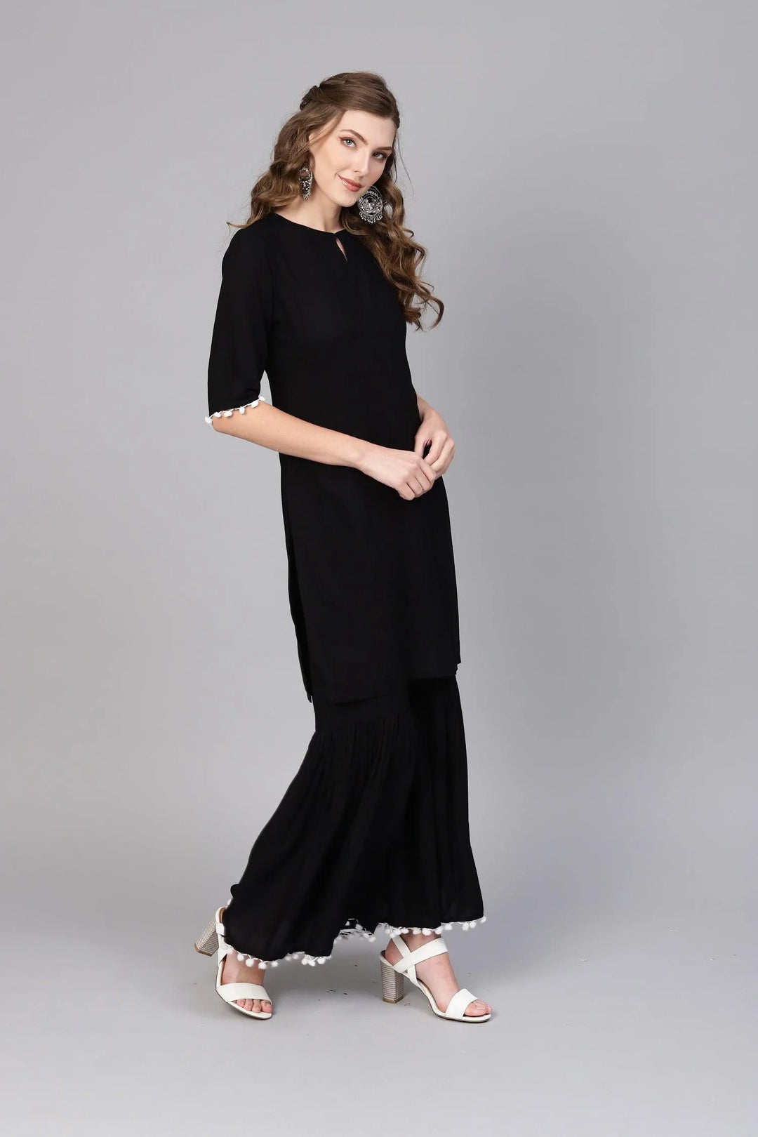 Black Solid Rayon Suit Set - Libas