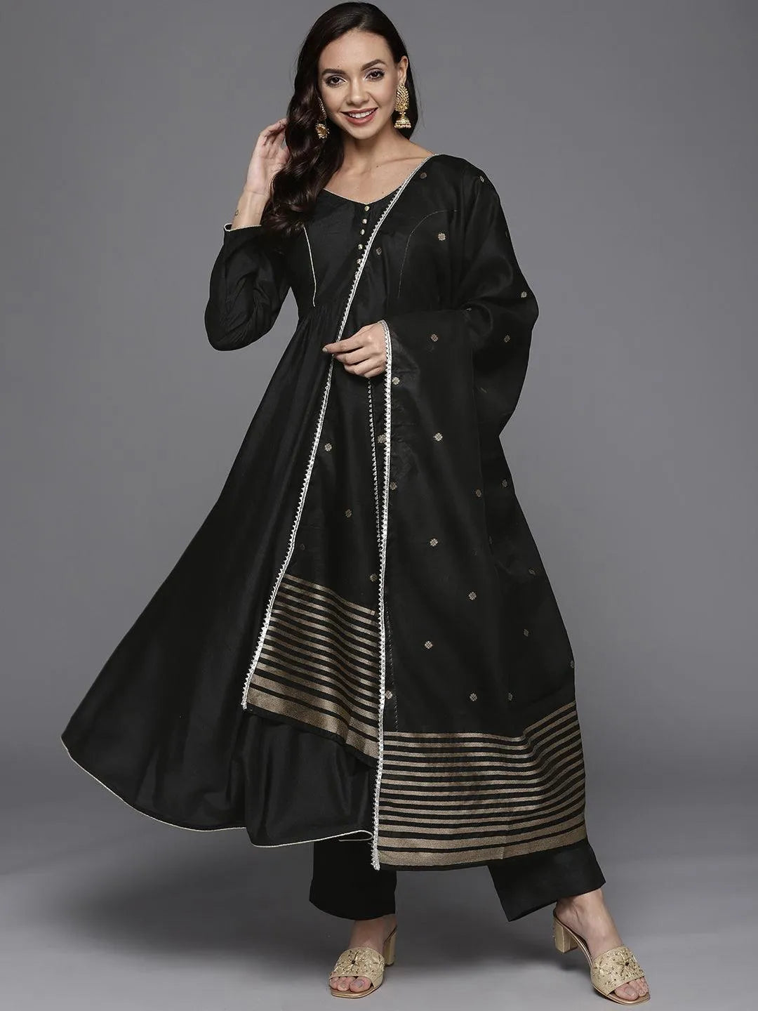 Black Solid Silk Blend Suit Set - Libas 