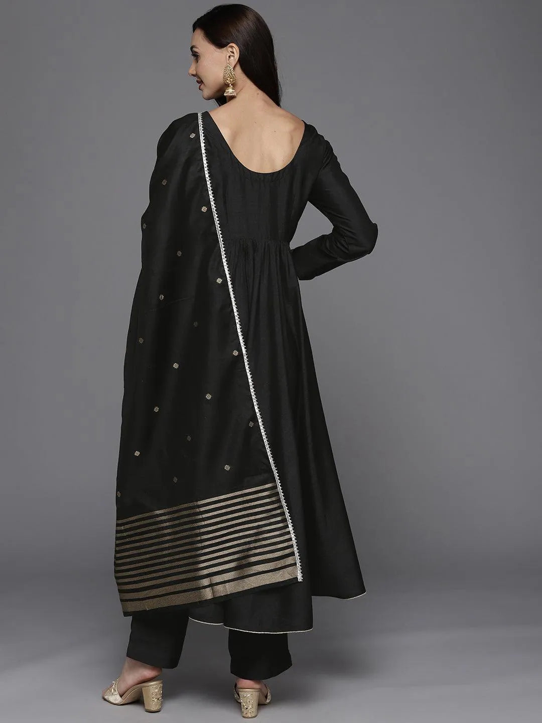 Black Solid Silk Blend Suit Set - Libas 