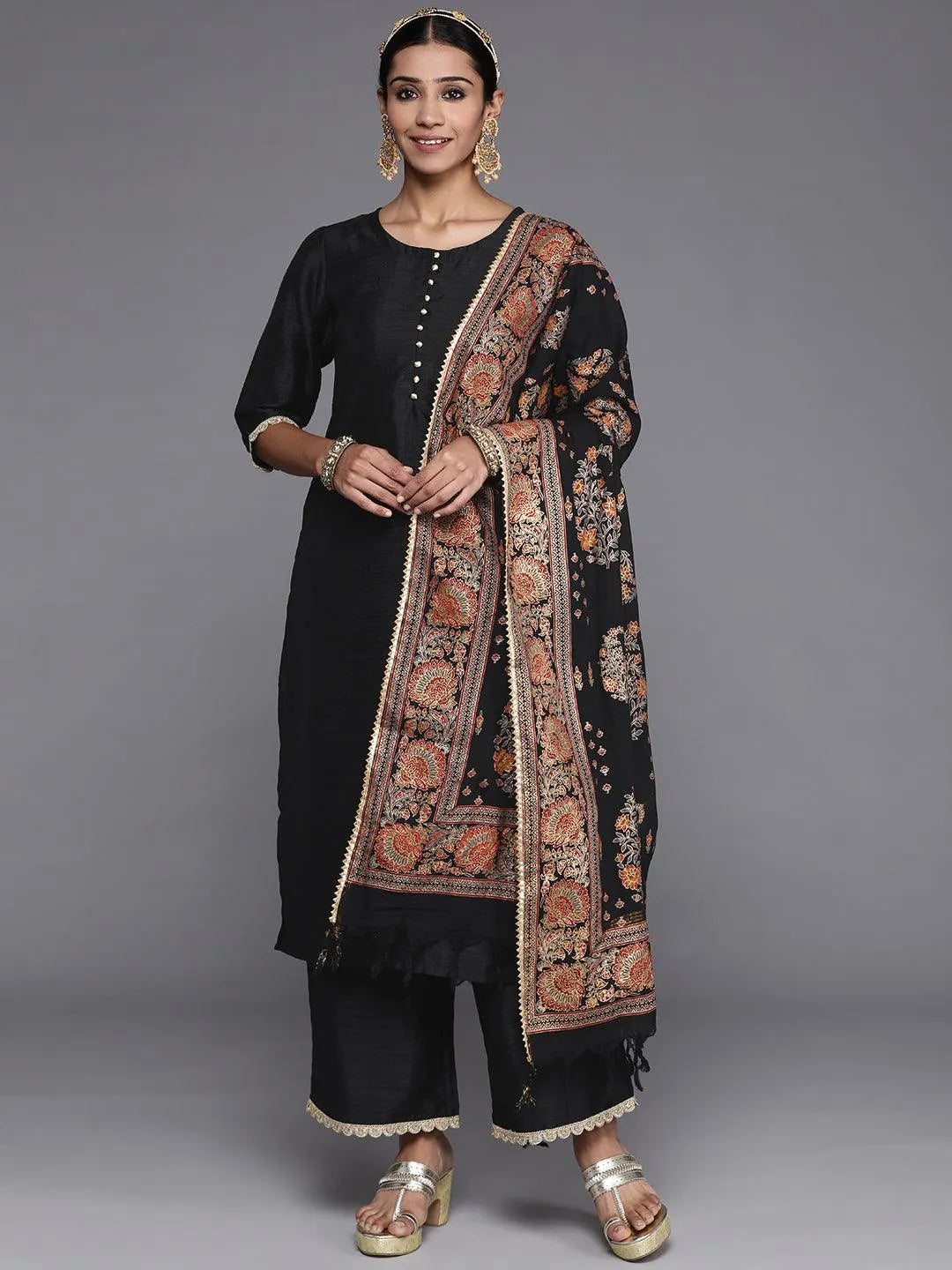 Black Solid Silk Blend Straight Suit Set With Palazzos - Libas 