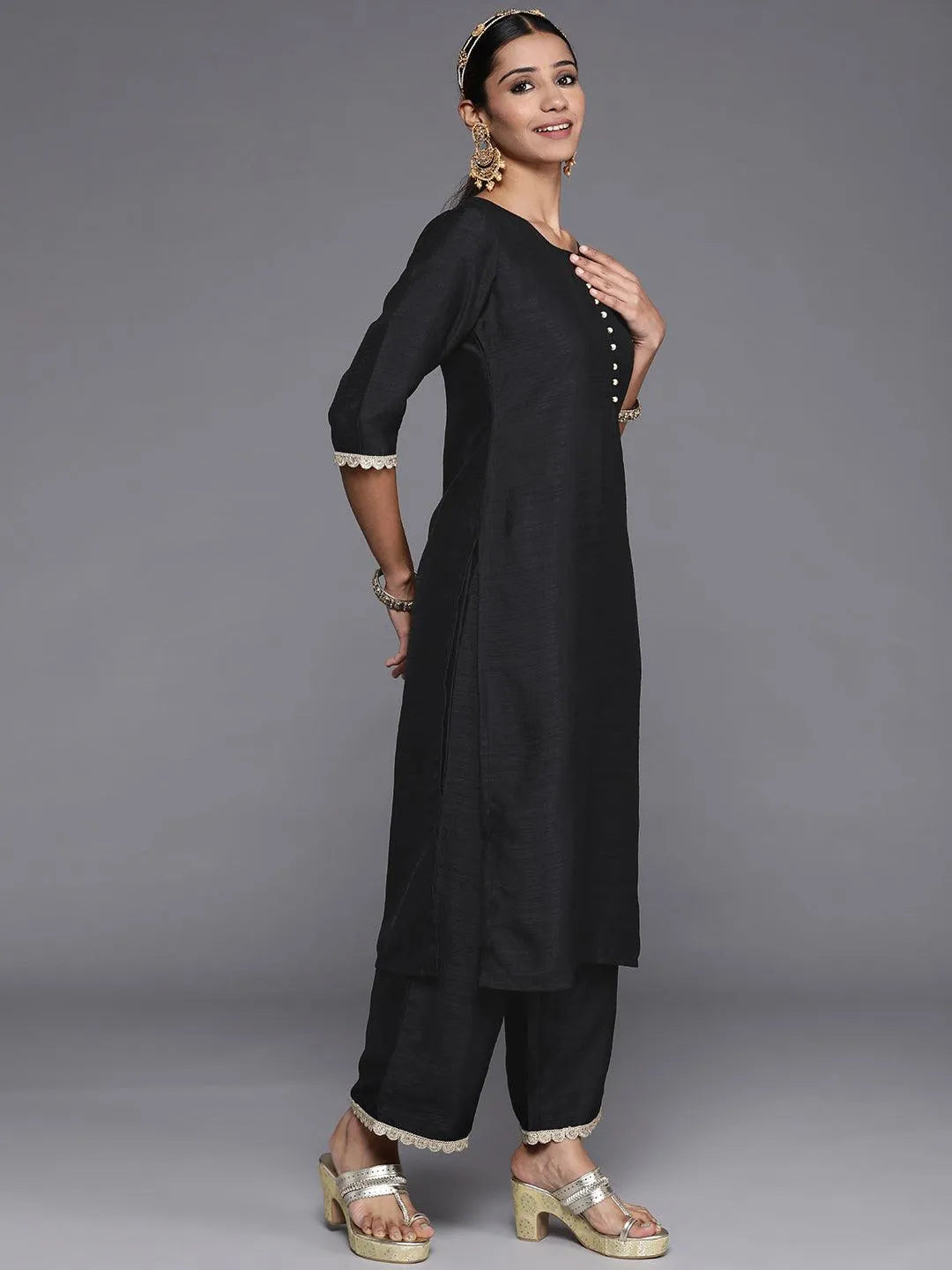 Black Solid Silk Blend Straight Suit Set With Palazzos - Libas 