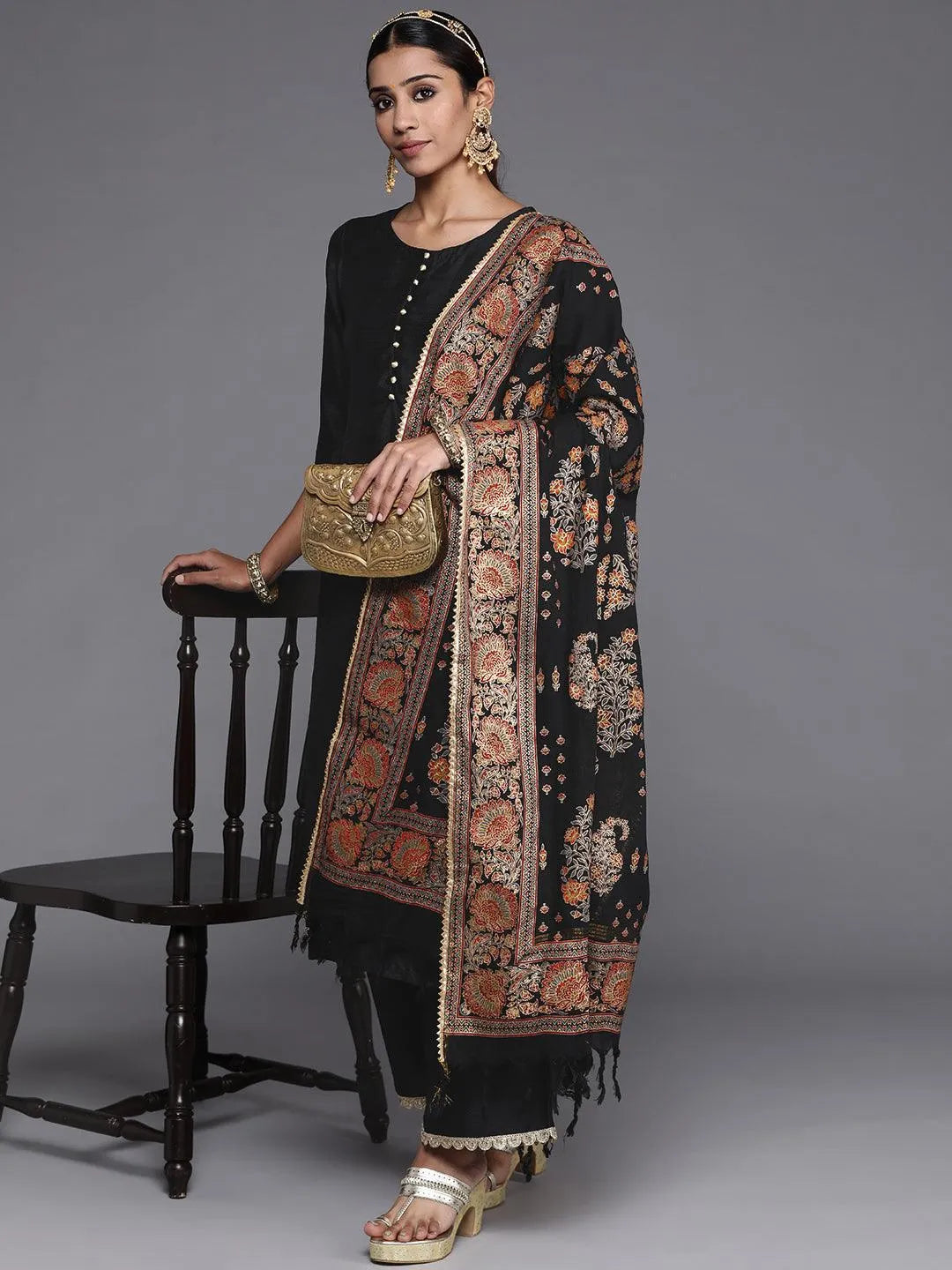 Black Solid Silk Blend Straight Suit Set With Palazzos - Libas 