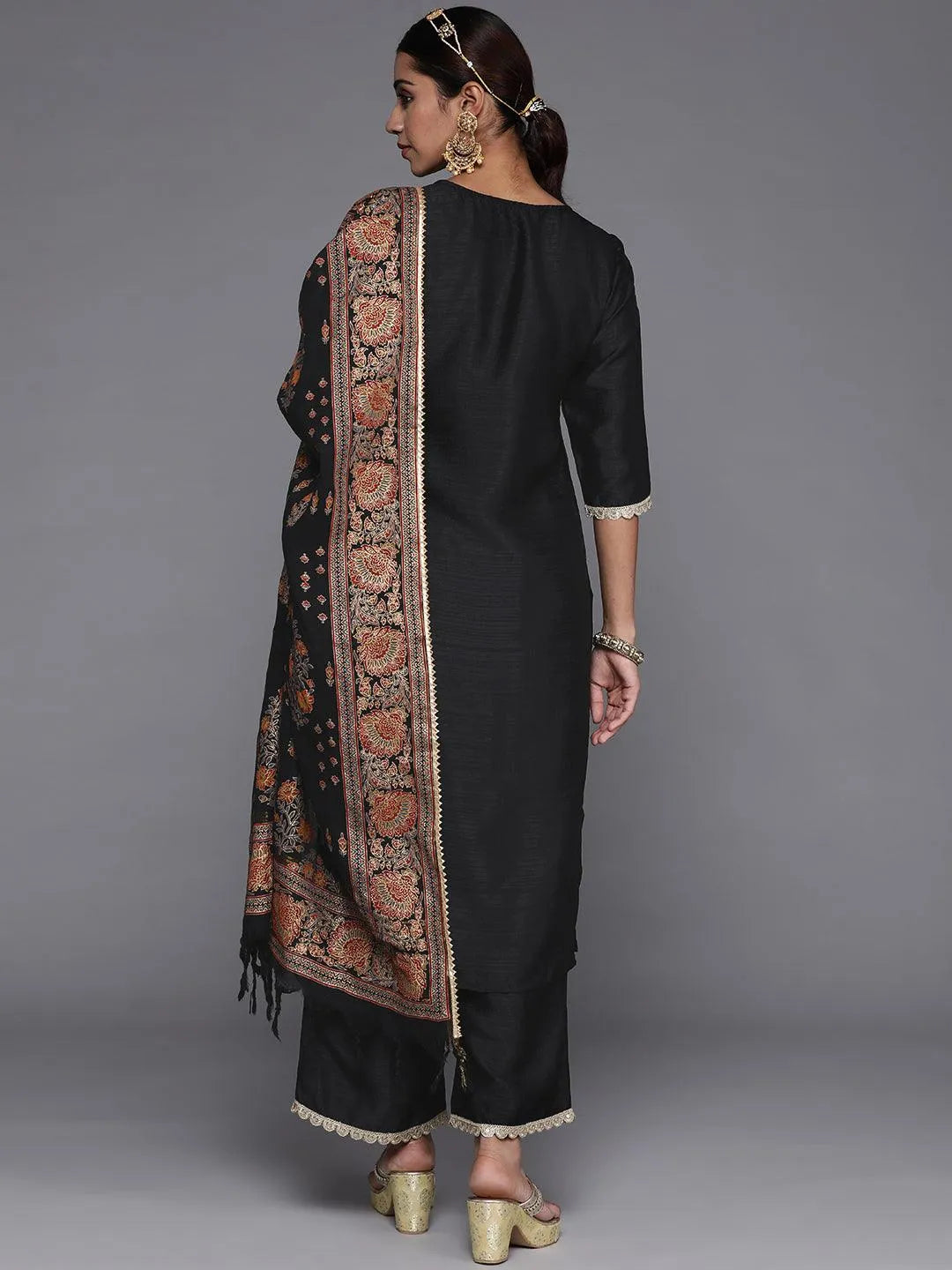 Black Solid Silk Blend Straight Suit Set With Palazzos - Libas 