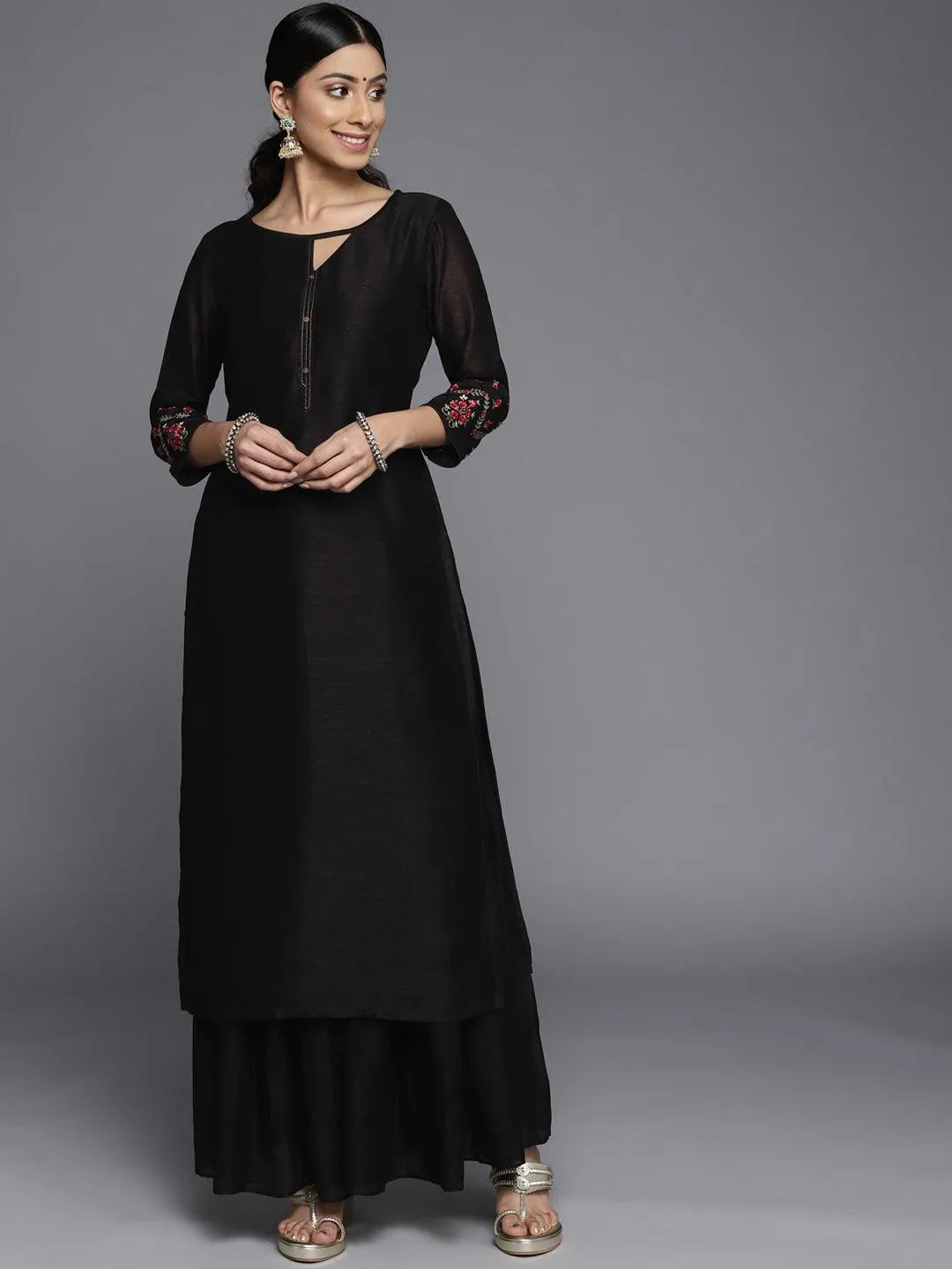 Black Solid Silk Kurta - Libas 