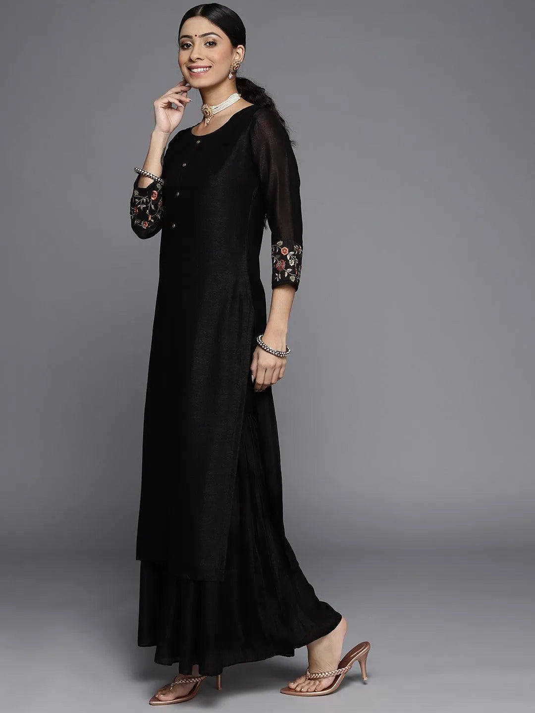 Black Solid Silk Kurta - Libas 