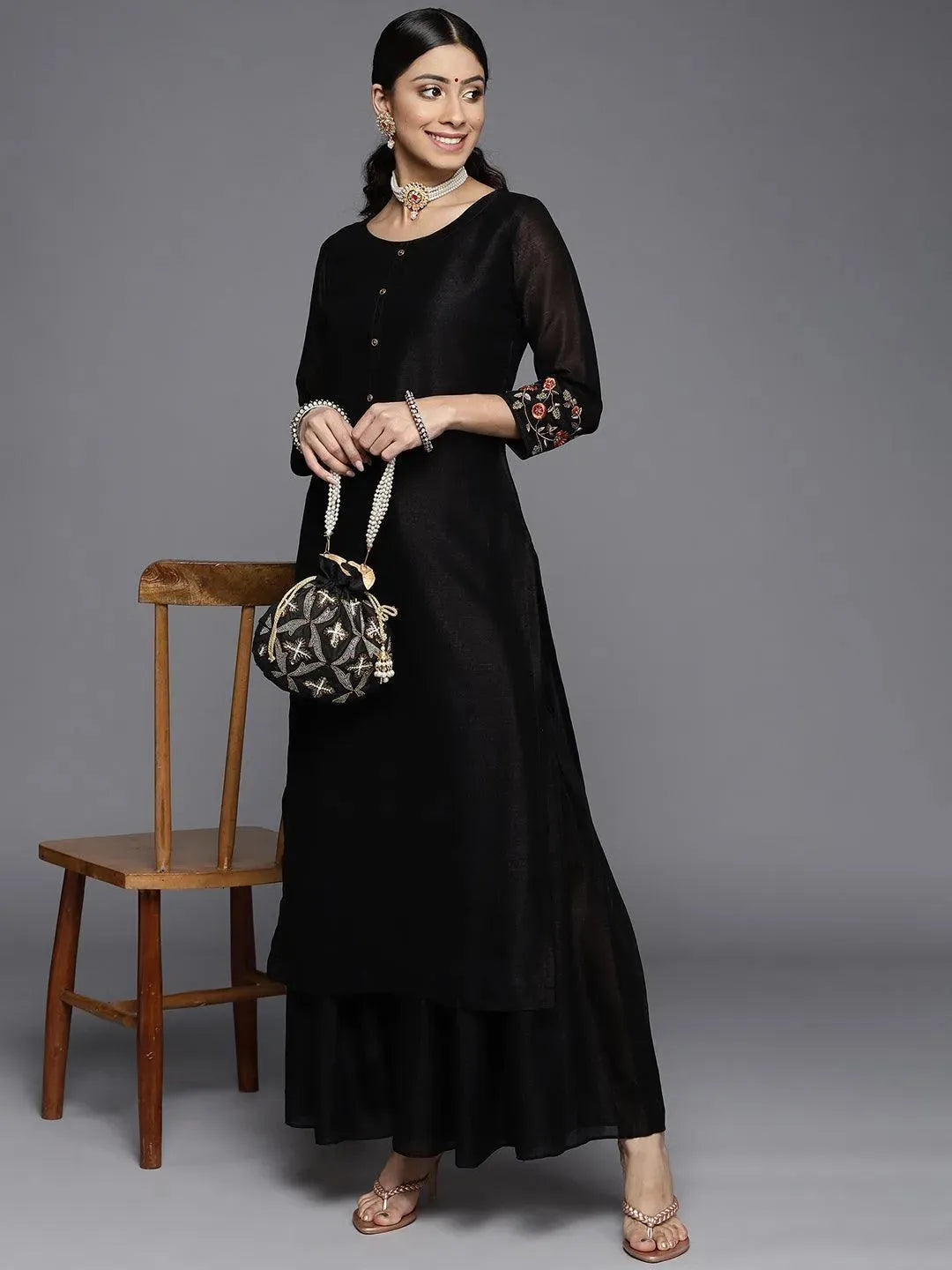 Black Solid Silk Kurta - Libas 