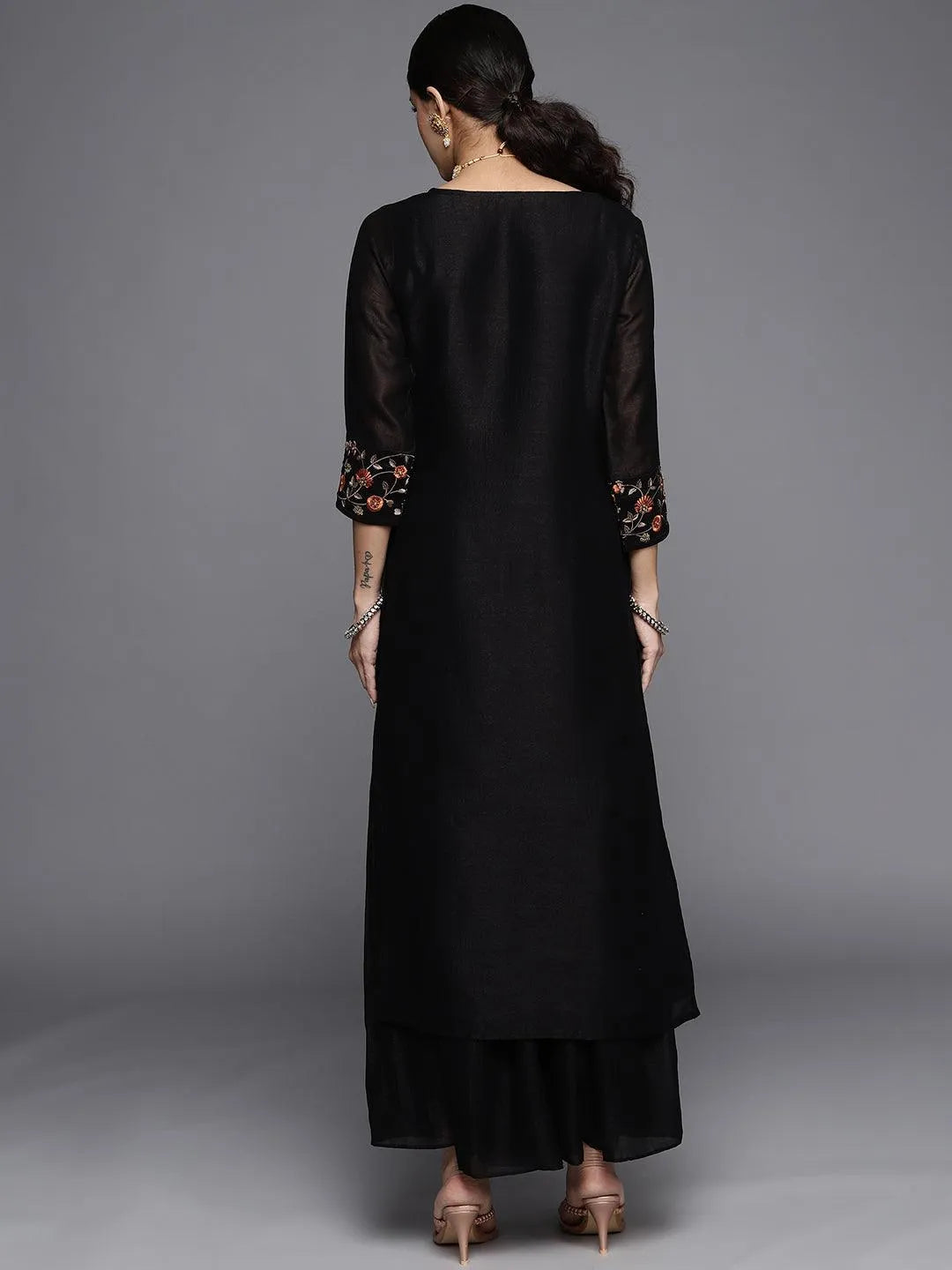 Black Solid Silk Kurta - Libas 