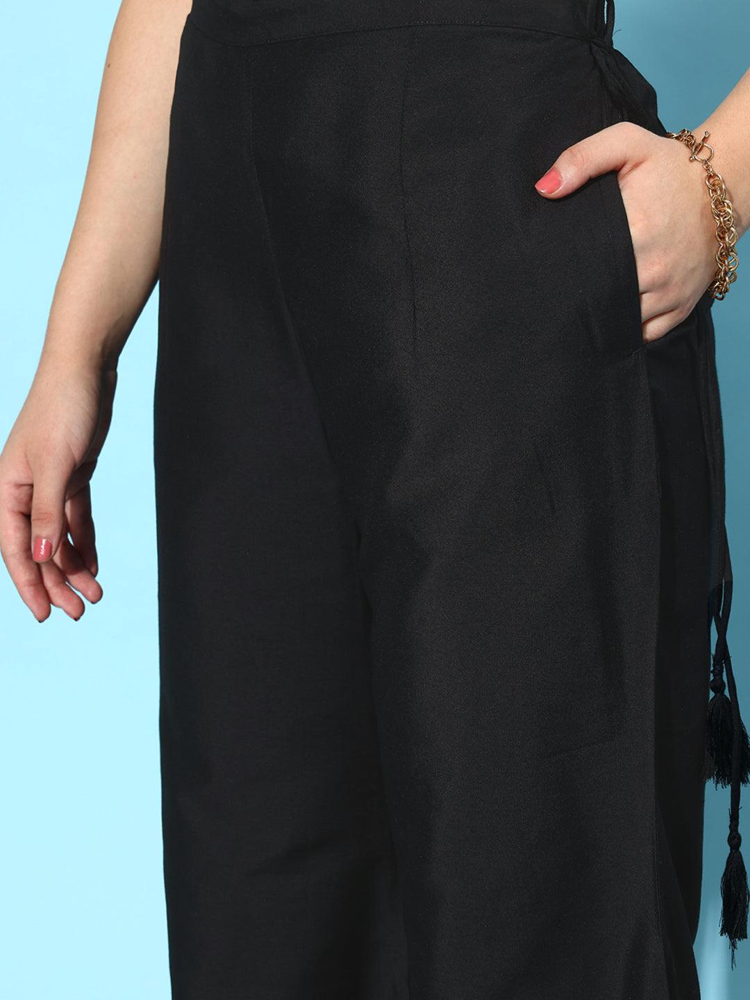 Black Solid Silk Palazzos - Libas 