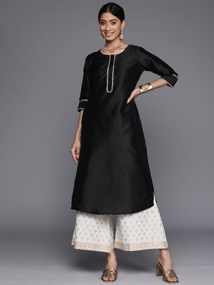 Black Solid Silk Straight Kurta - Libas