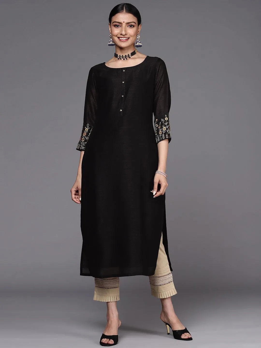 Black Solid Silk Straight Kurta - Libas 