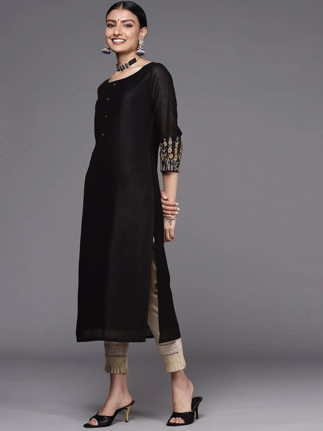 Black Solid Silk Straight Kurta - Libas 