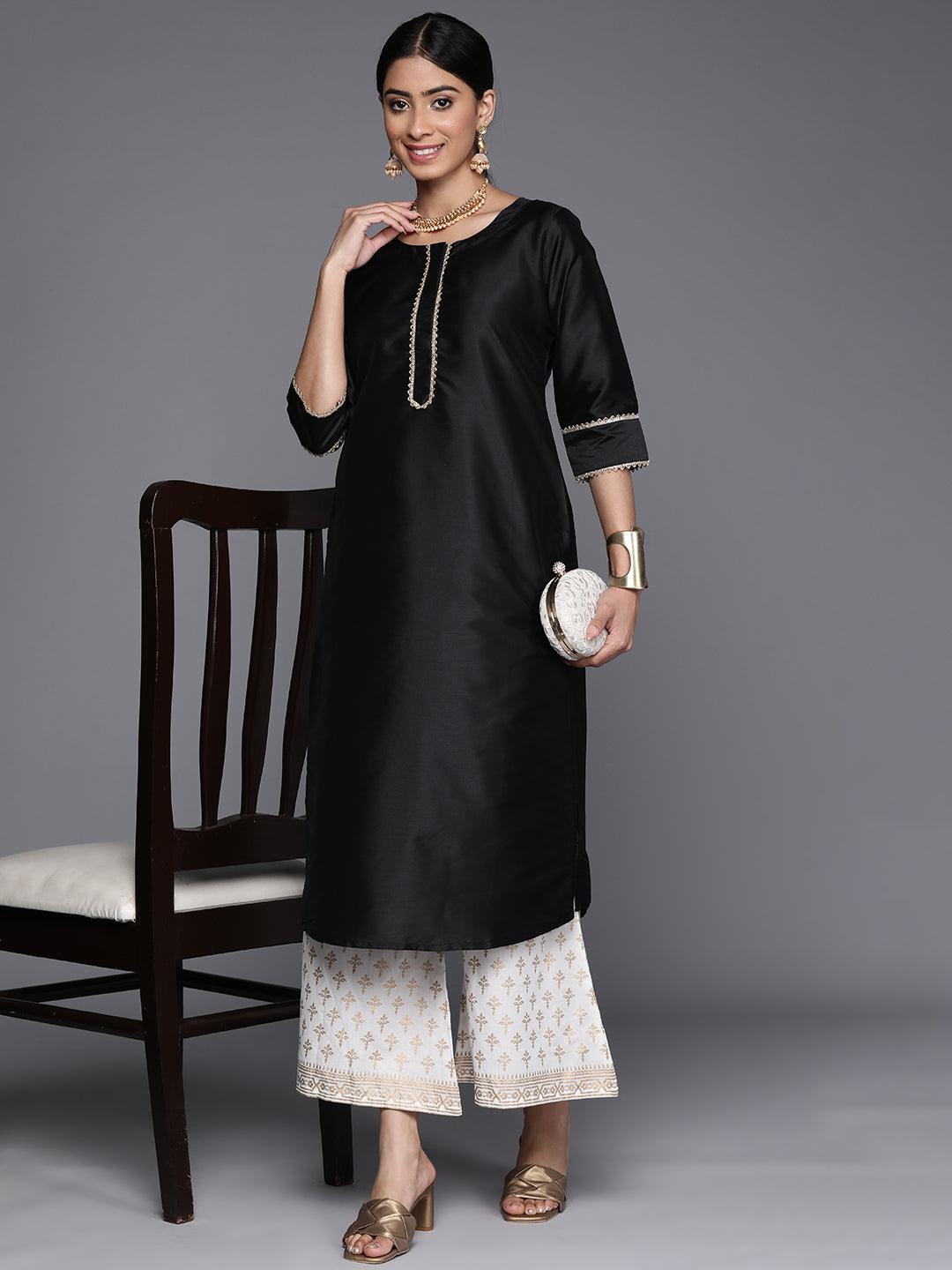 Black Solid Silk Straight Kurta - Libas