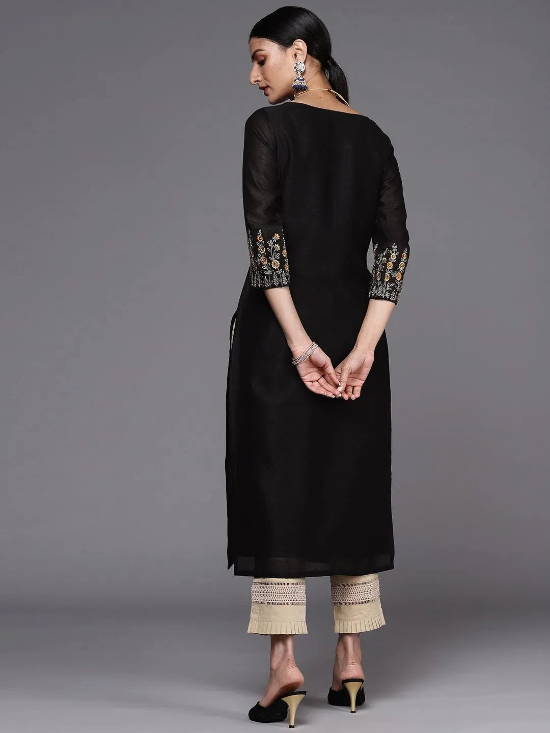 Black Solid Silk Straight Kurta - Libas 