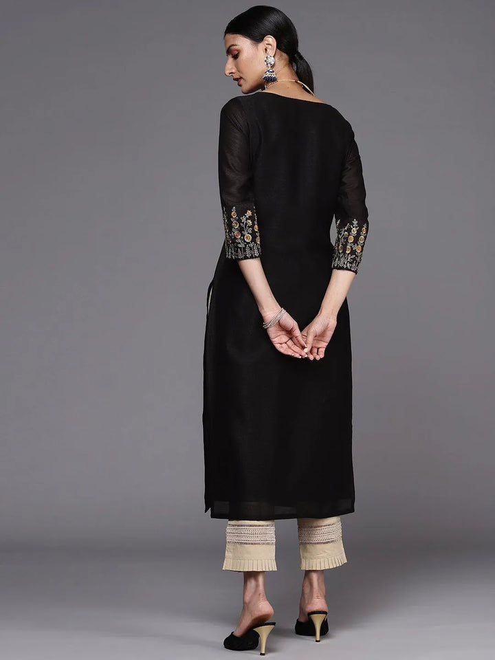 Black Solid Silk Straight Kurta - Libas