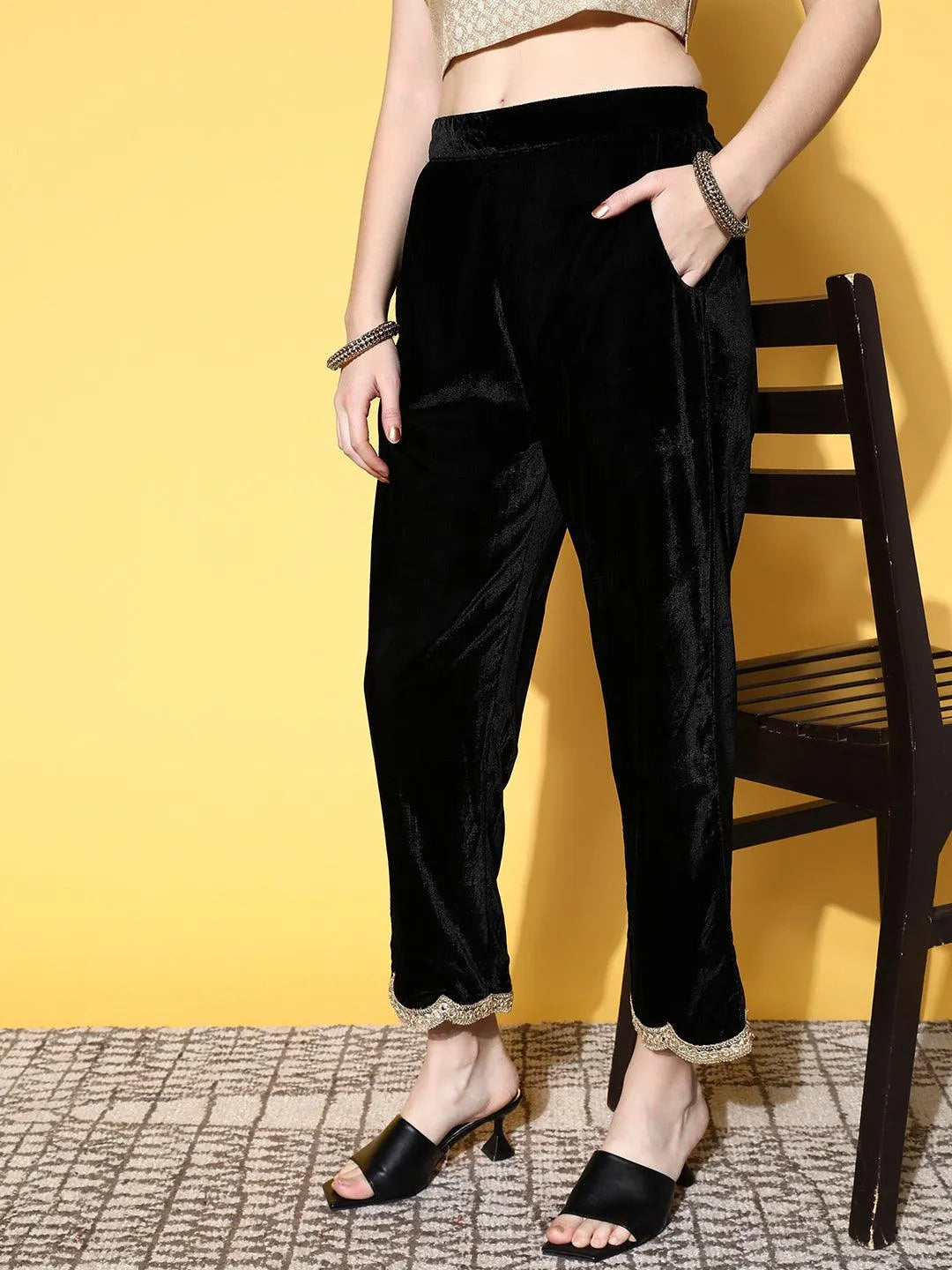 Black Solid Velvet Trousers - Libas