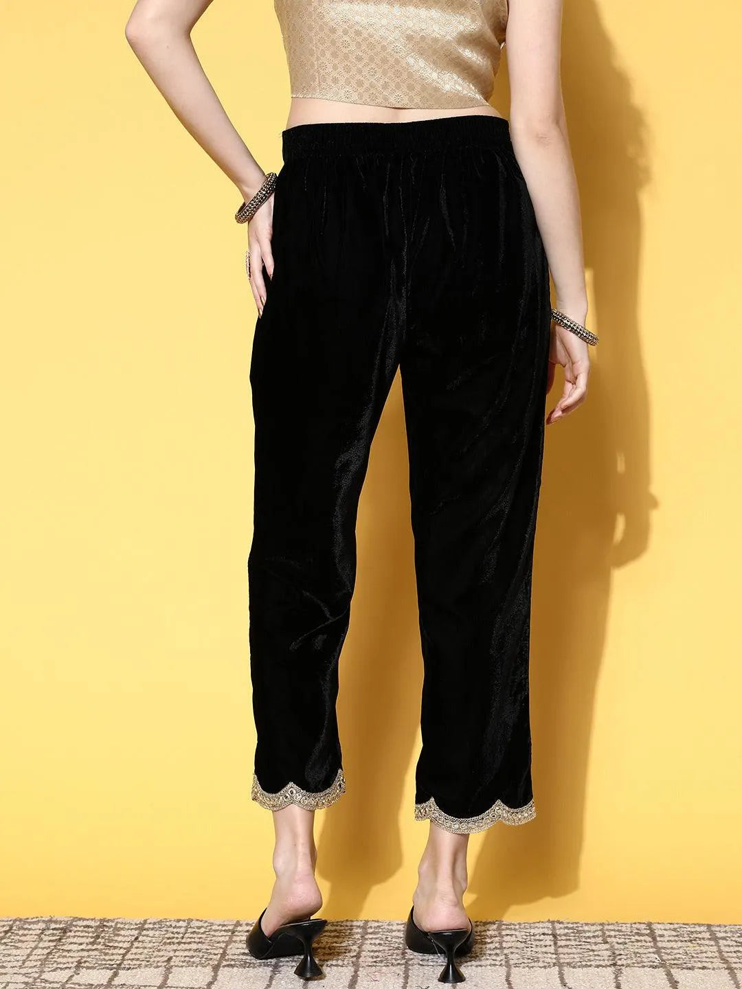 Black Solid Velvet Trousers - Libas