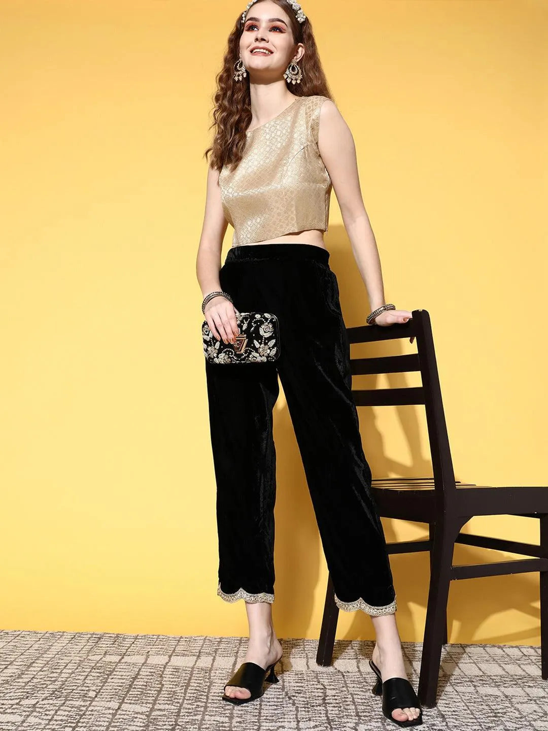 Black Solid Velvet Trousers - Libas