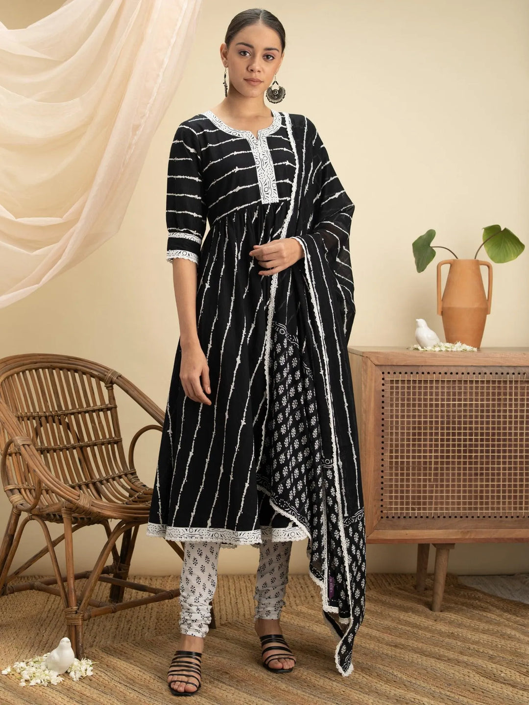 Black Striped Cotton Suit Set - Libas 