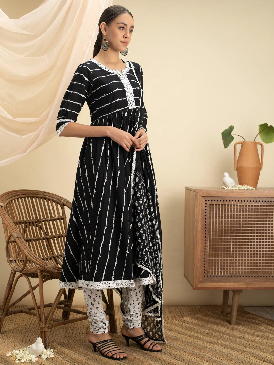 Black Striped Cotton Suit Set - Libas 