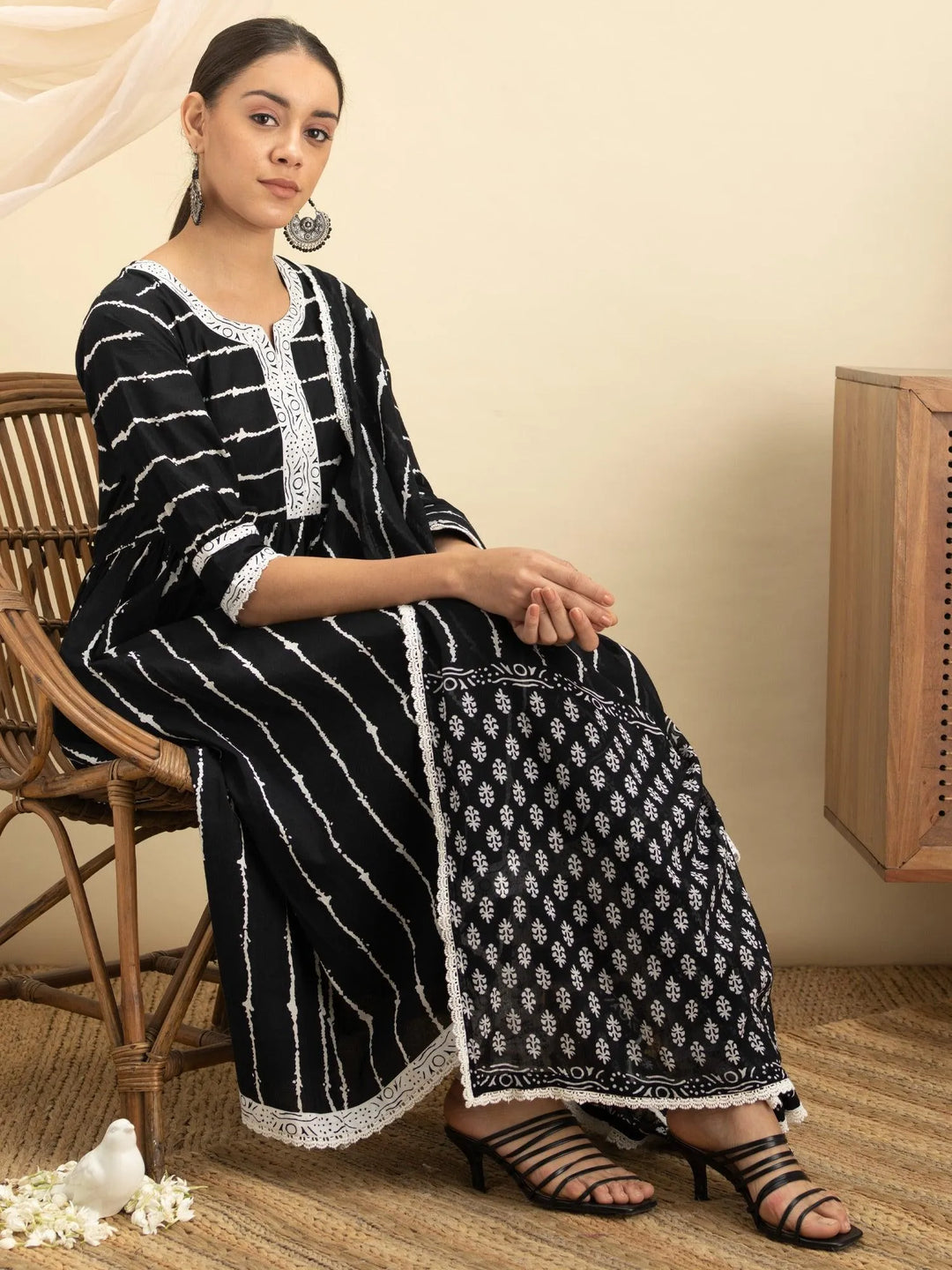 Black Striped Cotton Suit Set - Libas 