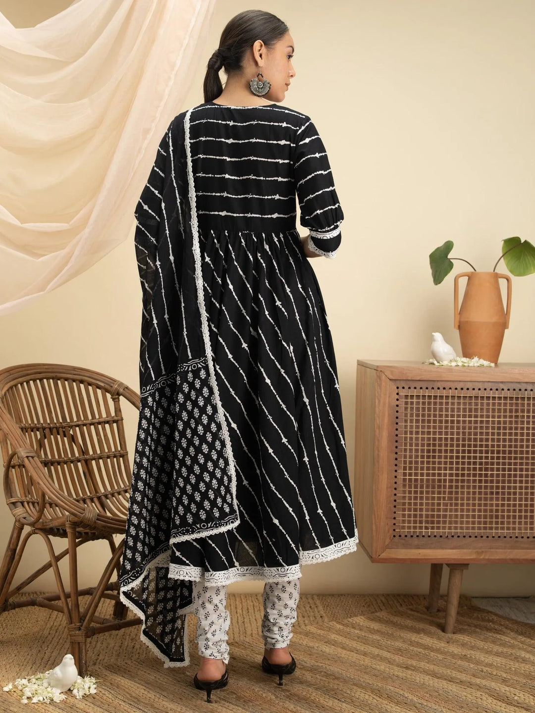 Black Striped Cotton Suit Set - Libas