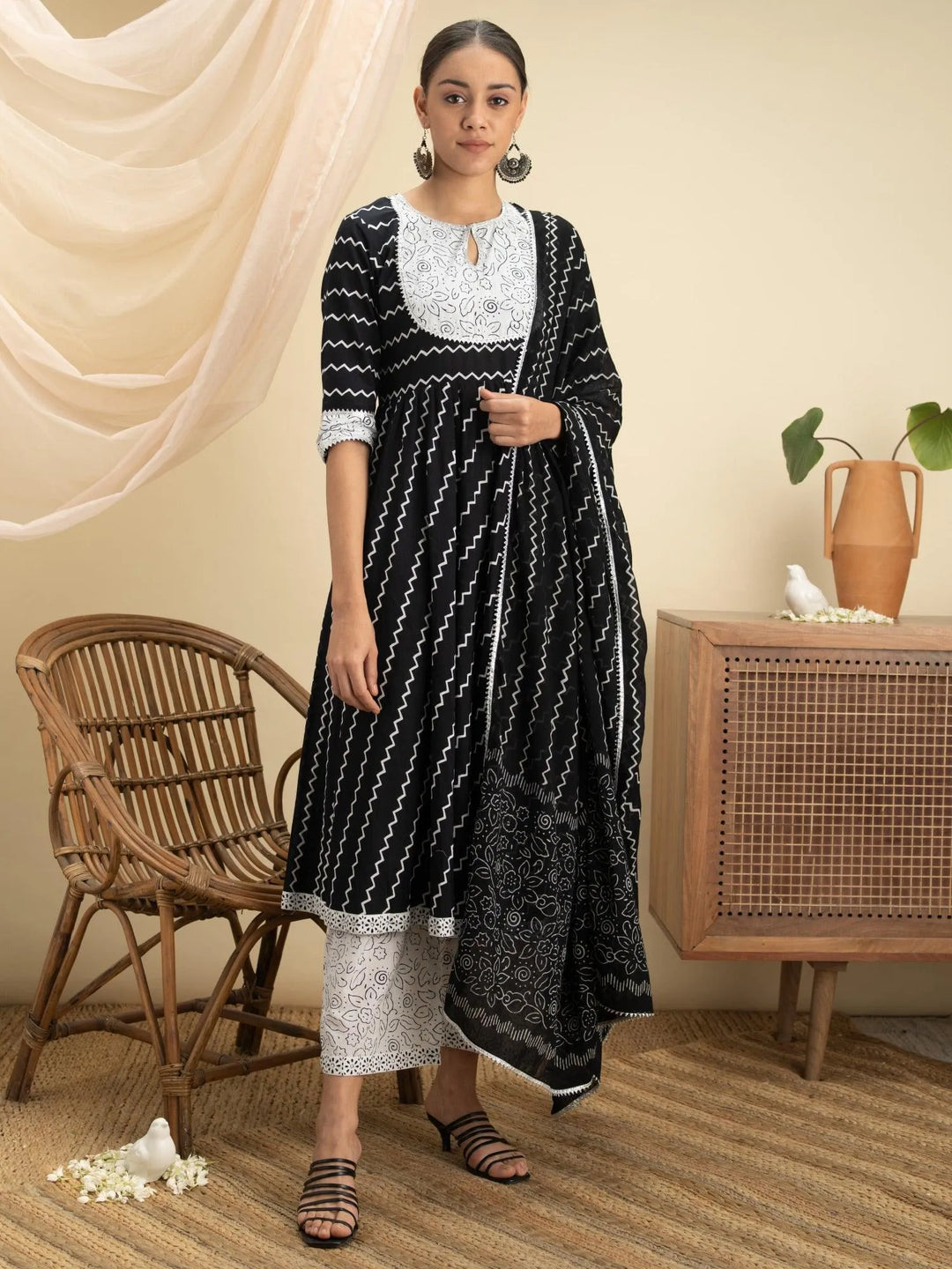 Black Striped Cotton Suit Set - Libas 