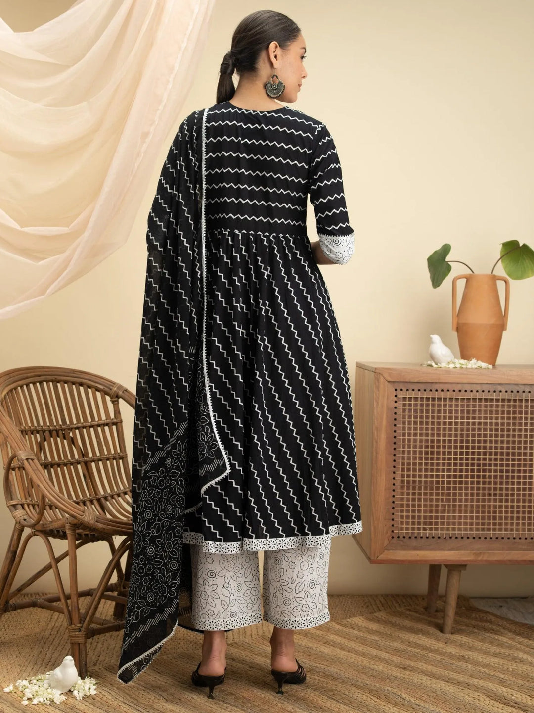 Black Striped Cotton Suit Set - Libas 