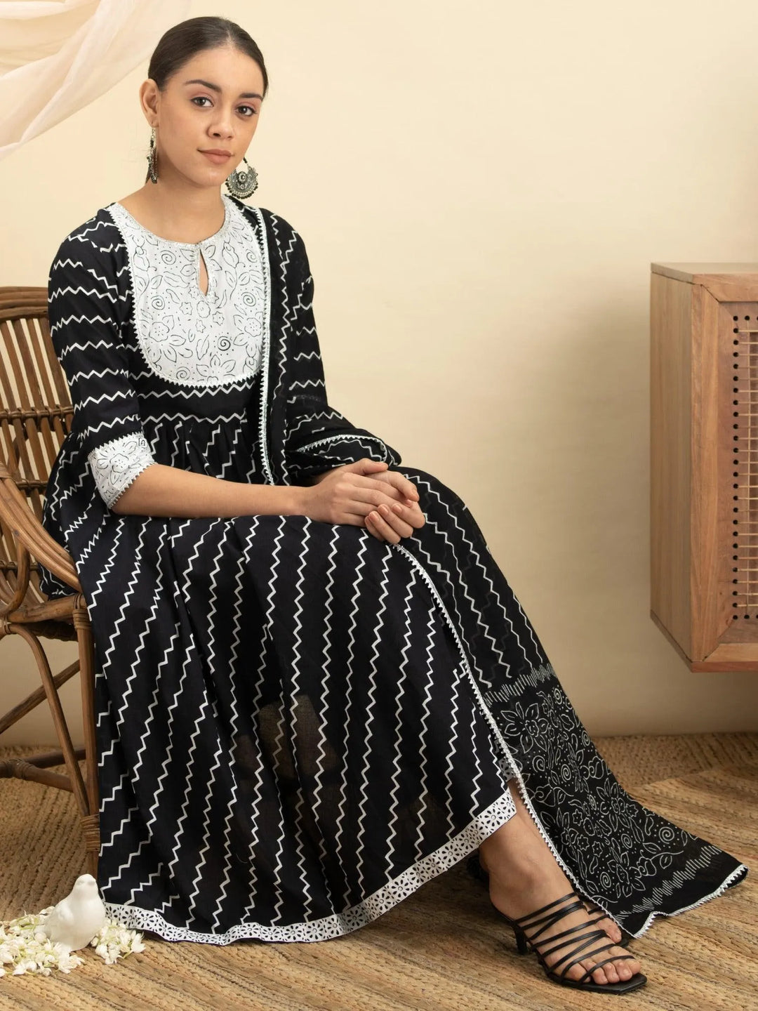 Black Striped Cotton Suit Set - Libas 