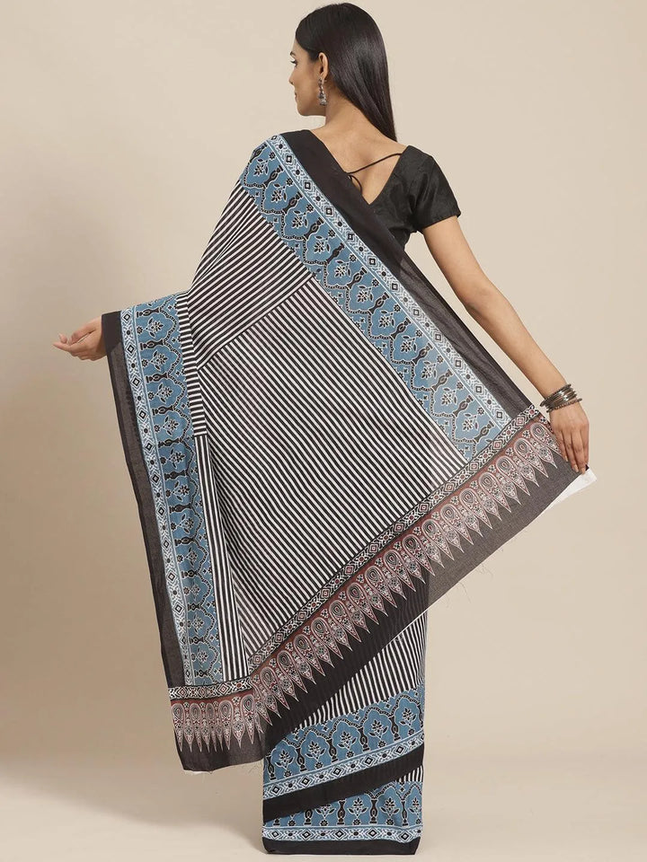 Black Striped Cotton Saree - Libas