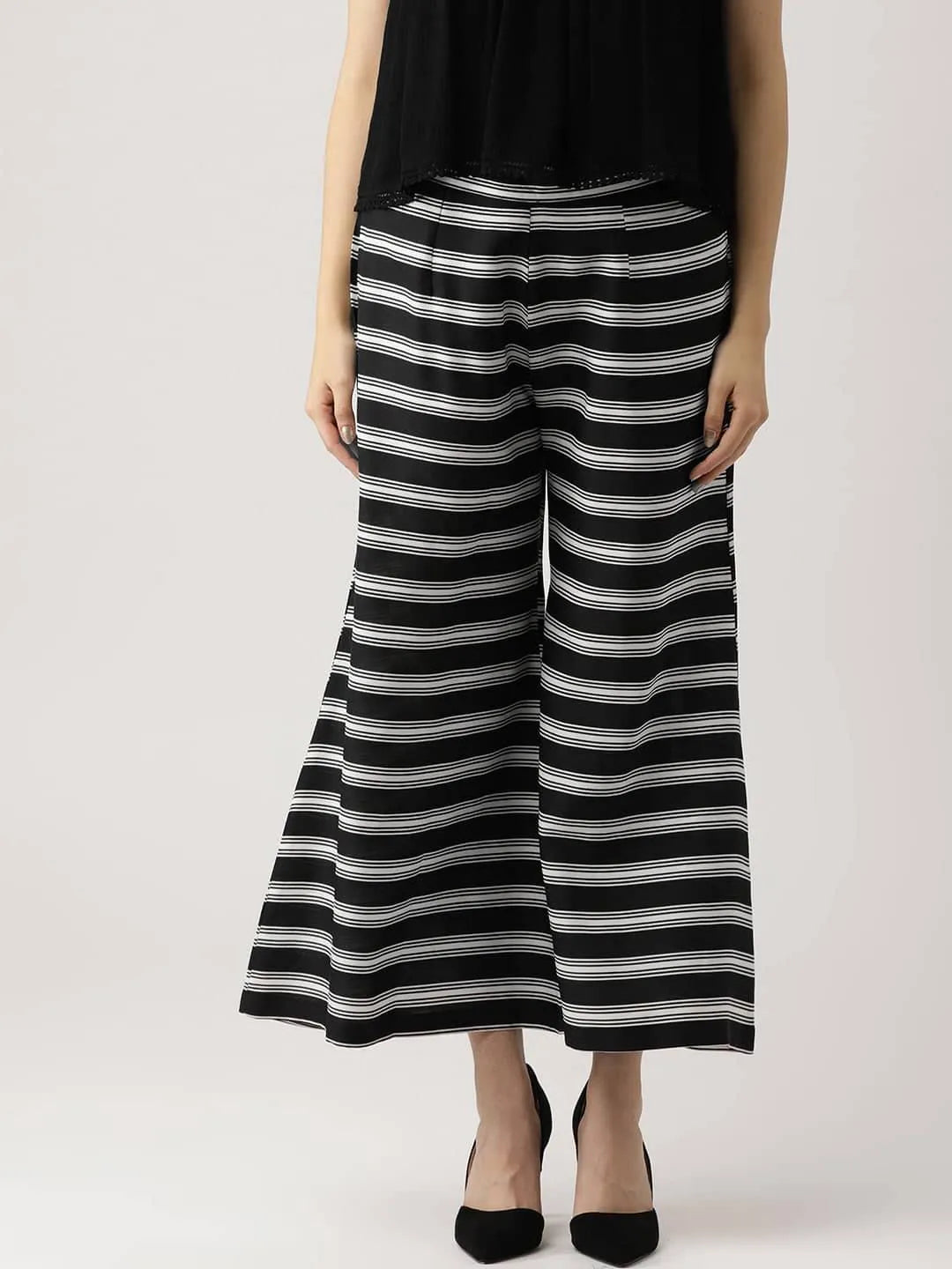 Black Striped Crepe Palazzos - Libas