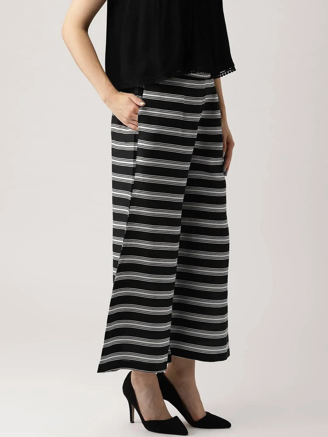 Black Striped Crepe Palazzos - Libas 