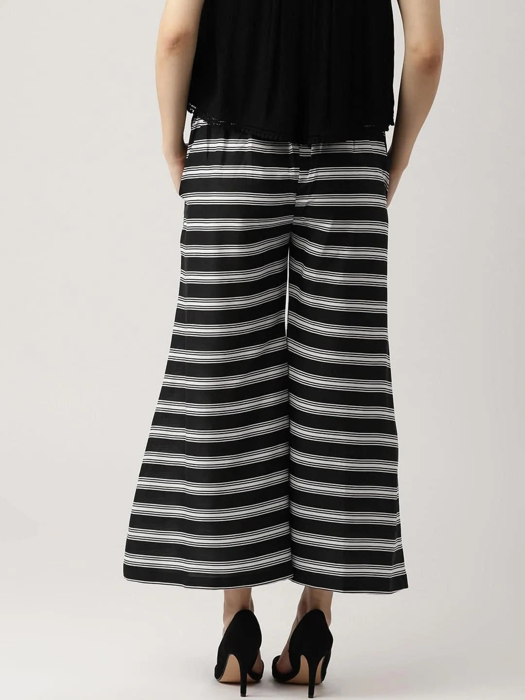 Black Striped Crepe Palazzos - Libas 